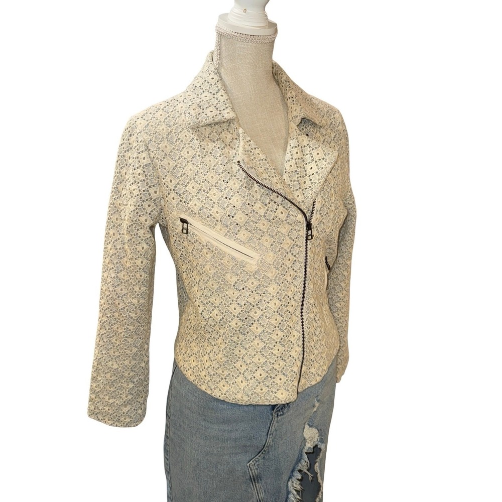 Dolan Moto Jacket Womens Medium Cream Blue Eyelet Lace Cotton Biker Zip - Picture 8 of 12